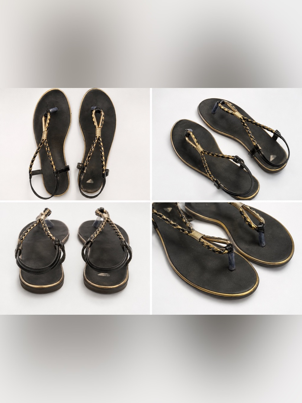 Black & Gold Braided Thong Slingback Flat Sandals | Size 37 | Used